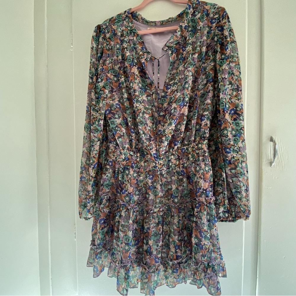 Anthro Flirty Floral Mini Dress L Long Sleeve Prairie Cowgirl Festival